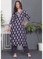 Rayon Blue Casual Wear Printed Readymade Kurti With Pant